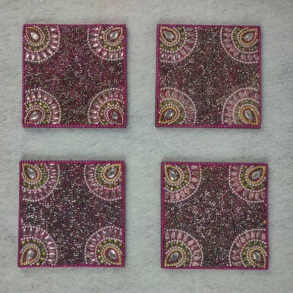 Hand Beaded Jeweled Coaster Set w Tray Pink Boho Indian Decor 5 Pc - Picture 2 of 5